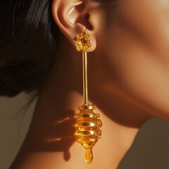 Wall Mural - Elegant golden honeycomb earring with drip detail on model showcasing luxurious jewelry design