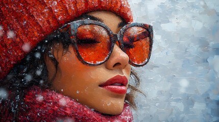 Aufkleber - Confident Young Woman Embracing Winter Weather in Stylish Warm Accessories