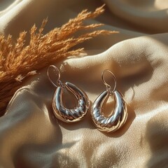 Wall Mural - Elegant gold hoop earrings on luxurious silk fabric with dried grass accent