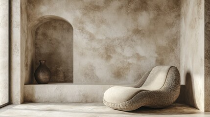 Poster - Beige lounge chair in neutral sunlit room with arched niche