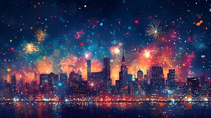 Leinwandbilder - Dazzling fireworks exploding over a vibrant cityscape with illuminated skyscrapers and their reflections in the river below  Celebratory atmosphere with colorful