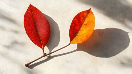 Wall Mural - Two autumn leaves, red and orange, on light background, sunlight shadow, fall nature design