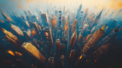 Poster - Dramatic Cityscape with Towering Skyscrapers and Vibrant Lights