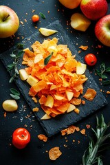 Wall Mural - Apple chips served on a black slate with some raw apples as a healthy snack