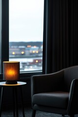 Wall Mural - Cozy armchair and glowing lamp by window overlooking cityscape for relaxation use