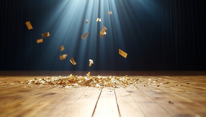 Wall Mural - Golden confetti cascading onto a wooden stage illuminated by beams of light