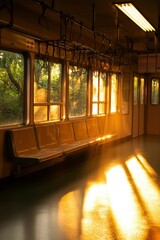 Wall Mural - Empty train car with sunlight streaming through windows, ideal journey concept