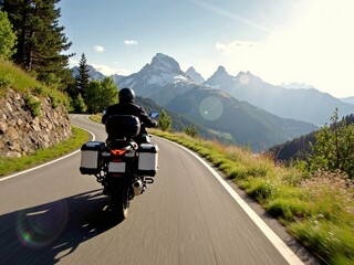 Fototapete - High speed motorcycle ride along a winding mountain highway on a sunny spring day