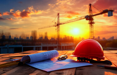 A vibrant sunset casts a warm glow over construction plans and tools, symbolizing the hard work and dedication of the construction industry and its professionals.