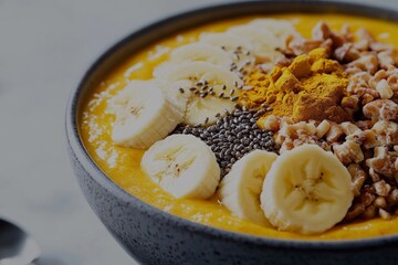 Sticker - A minimalistic smoothie bowl topped with banana slices, chia seeds, walnuts, and turmeric powder