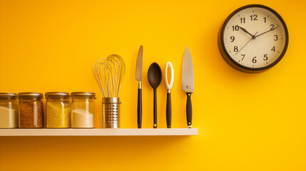 Wall Mural - Kitchen utensils and spices on shelf against yellow wall with clock.  Perfect for cooking blogs or recipe websites