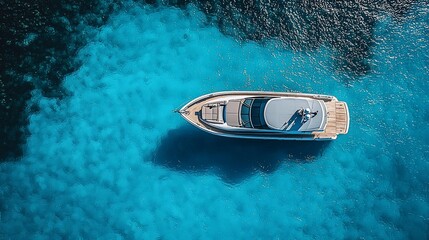 Canvas Print - Aerial view Luxury yacht cruising turquoise waters, sunny day