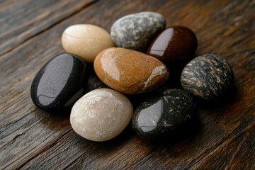 Sticker - Group of smooth stones arranged on wooden surface for wellness and decoration