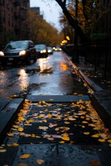 Wall Mural - Rainy city street with fallen leaves, cars and glowing lights creates a busy scene