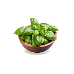 Wall Mural - Fresh green basil leaves in a small wooden bowl isolated on transparent background