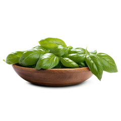 Wall Mural - Fresh green basil leaves in a small wooden bowl isolated on transparent background