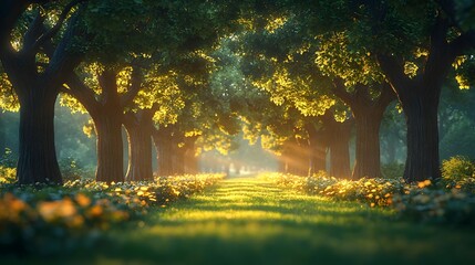 Wall Mural - Tranquil Forest Trail with Glowing Oak Trees and Sunlit Canopy