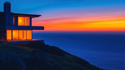 Canvas Print - Coastal modern home at sunset