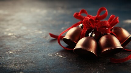 A beautiful collection of vintage Christmas bells entwined with festive red ribbons, creating a warm and nostalgic atmosphere perfect for holiday celebrations.