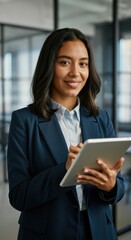 Hispanic young adult female professional holding tablet in modern office setting