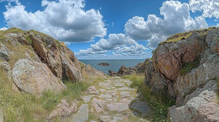 Poster - Coastal path through rocky outcrop, sunny day, ocean view