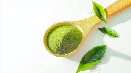 Vibrant green matcha powder in wooden spoon