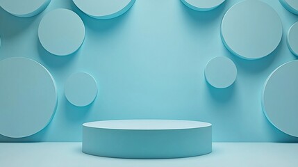 Wall Mural - Blue cylindrical platform, circle backdrop, studio, product display