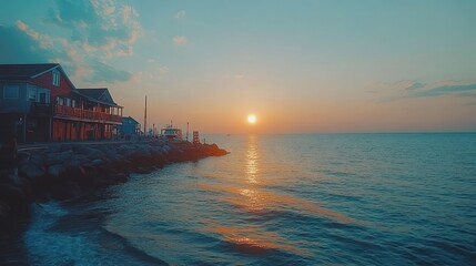 Poster - Coastal town waterfront at sunrise