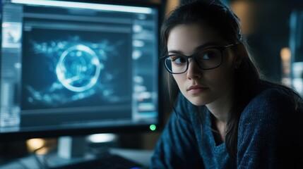 Focused young programmer working on complex code in a dark office