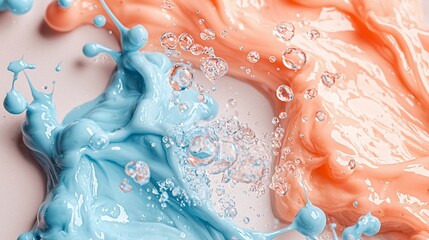 Poster - Blue, peach liquid splash, bubbles, white background, cosmetic ad