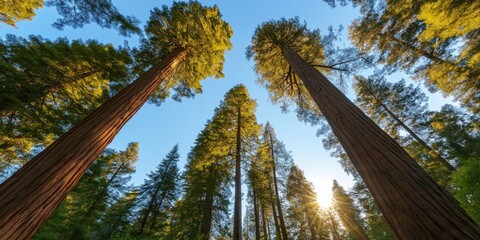 Poster - A forest with tall trees and a clear blue sky. The sun is shining through the trees, creating a warm and inviting atmosphere