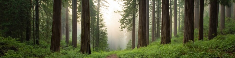 Poster - A forest with a path through it. The trees are tall and green. The sky is cloudy and the sun is shining through the trees