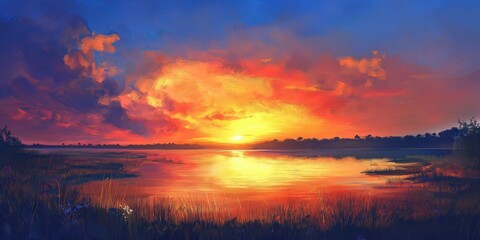 Sticker - A painting of a sunset over a lake with a few trees in the background. The mood of the painting is serene and peaceful