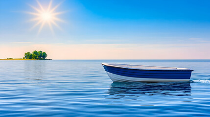 Wall Mural - boat floating on lake waters, sun shining over island. summer travel concept