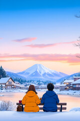 Wall Mural - Couple at Winter Lake with Mountain View during sunset in a tranquil scene, use vacation