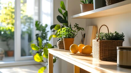 Wall Mural - A bright room with a wooden shelf displaying plants, lemons, and a woven basket, featuring natural light and greenery. Concept Bright Room Design, Wooden Shelf Decor, Natural Light, Indoor Plants