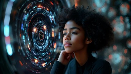 Futuristic software and hardware , coding hologram, serious concentrated attractive woman thinking about data analytics, digital technology. Programmer programming cybersecurity research and IT