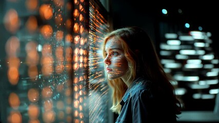Futuristic software and hardware , coding hologram, serious concentrated attractive woman thinking about data analytics, digital technology. Programmer programming cybersecurity research and IT