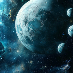 Wall Mural - A cosmic vista of a large, textured planet alongside three smaller moons amid a vibrant, star-filled nebula.