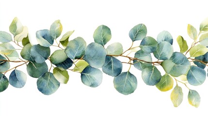 Wall Mural - Watercolor eucalyptus garland, leaves, border, design, isolated