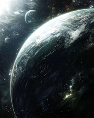 Wall Mural - A view of a large, mostly dark planet with two moons, all set against a star-filled, cosmic backdrop.