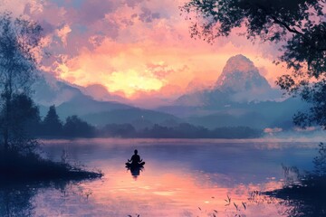  A person meditating by a peaceful lake at dawn