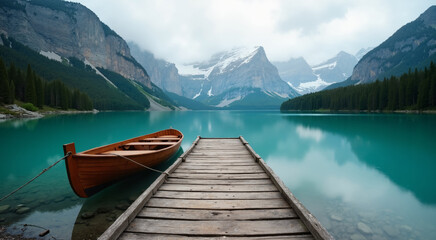 Naklejka na meble A serene mountain lake with a wooden dock and canoe. The backdrop features majestic, snow-capped peaks and dense evergreen forests.
