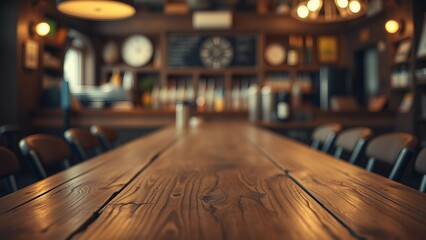 Wall Mural - Empty wooden table rustic and blurred background of bar or pub For product display High quality phot