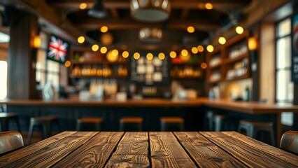 Wall Mural - Empty wooden table rustic and blurred background of bar or pub For product display High quality phot