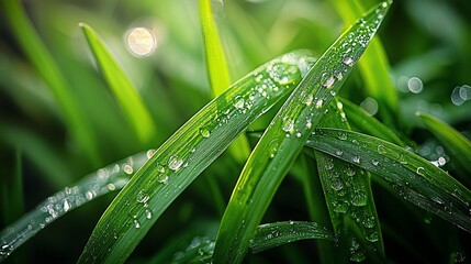 Wall Mural - Dew-kissed grass blades, sunlit field, nature background, eco-design