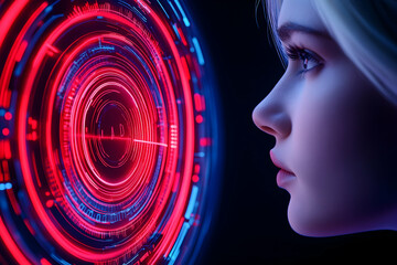 Wall Mural - woman looks at futuristic data visualization, glowing rings on black background