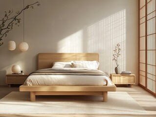 Wall Mural - Serene bedroom features a wooden bed and natural light