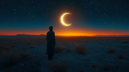 Wall Mural - Desert wanderer contemplates crescent moonrise