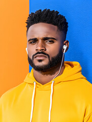 Wall Mural - Young man listening to music with headphones against an orange and blue wall